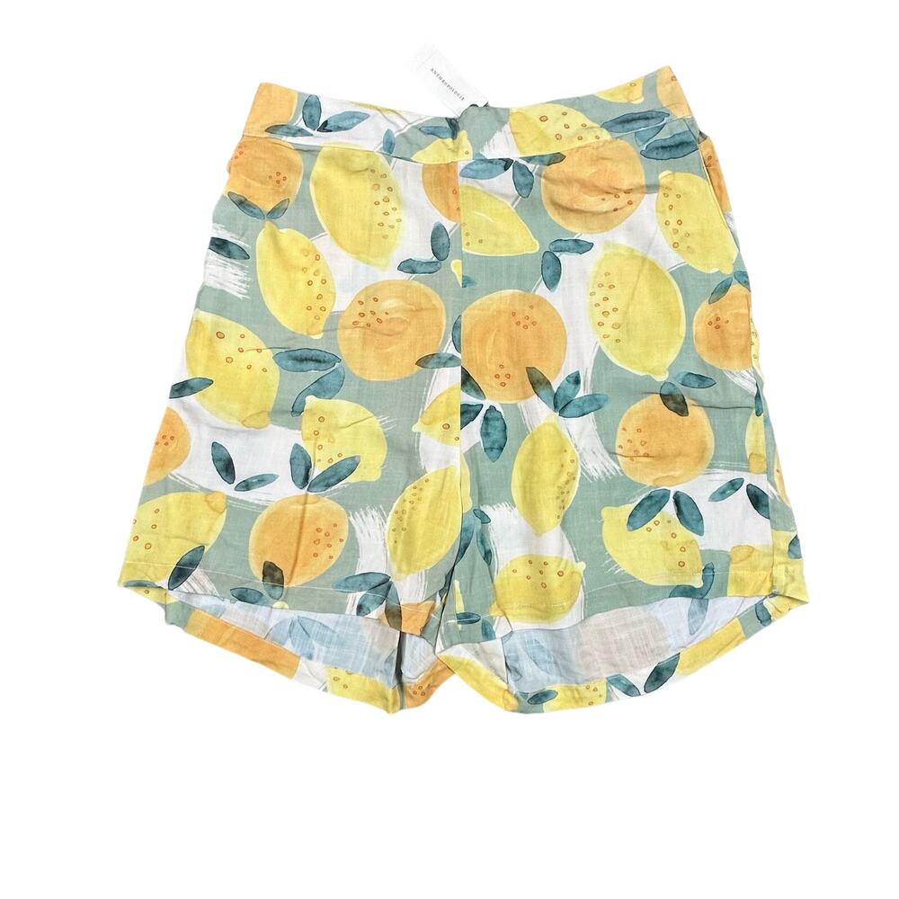 Numph Lemon Print Shorts Womens XL Yellow Green New High Waisted Viscose Elastic
